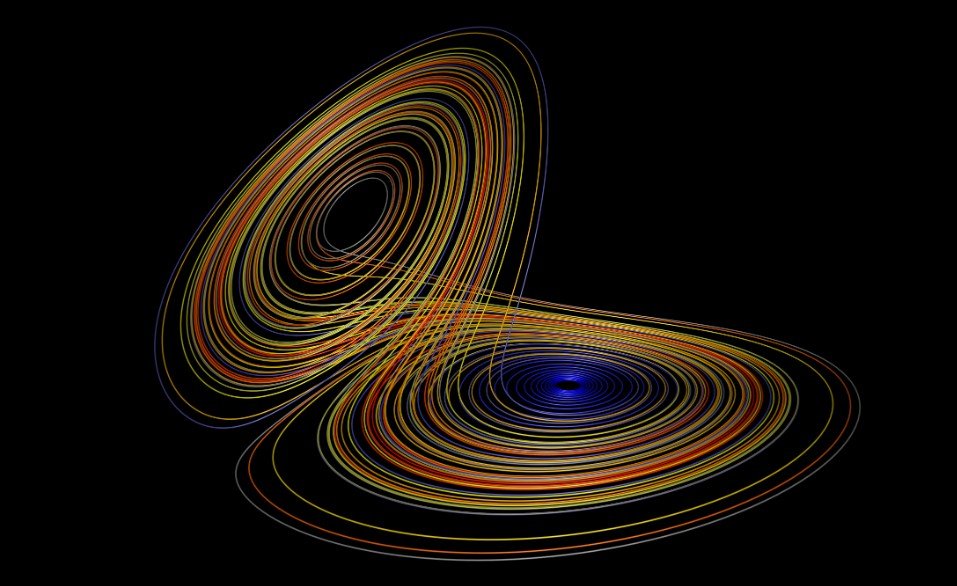 The Lorenz attractor traced in orange and gold orbits on black