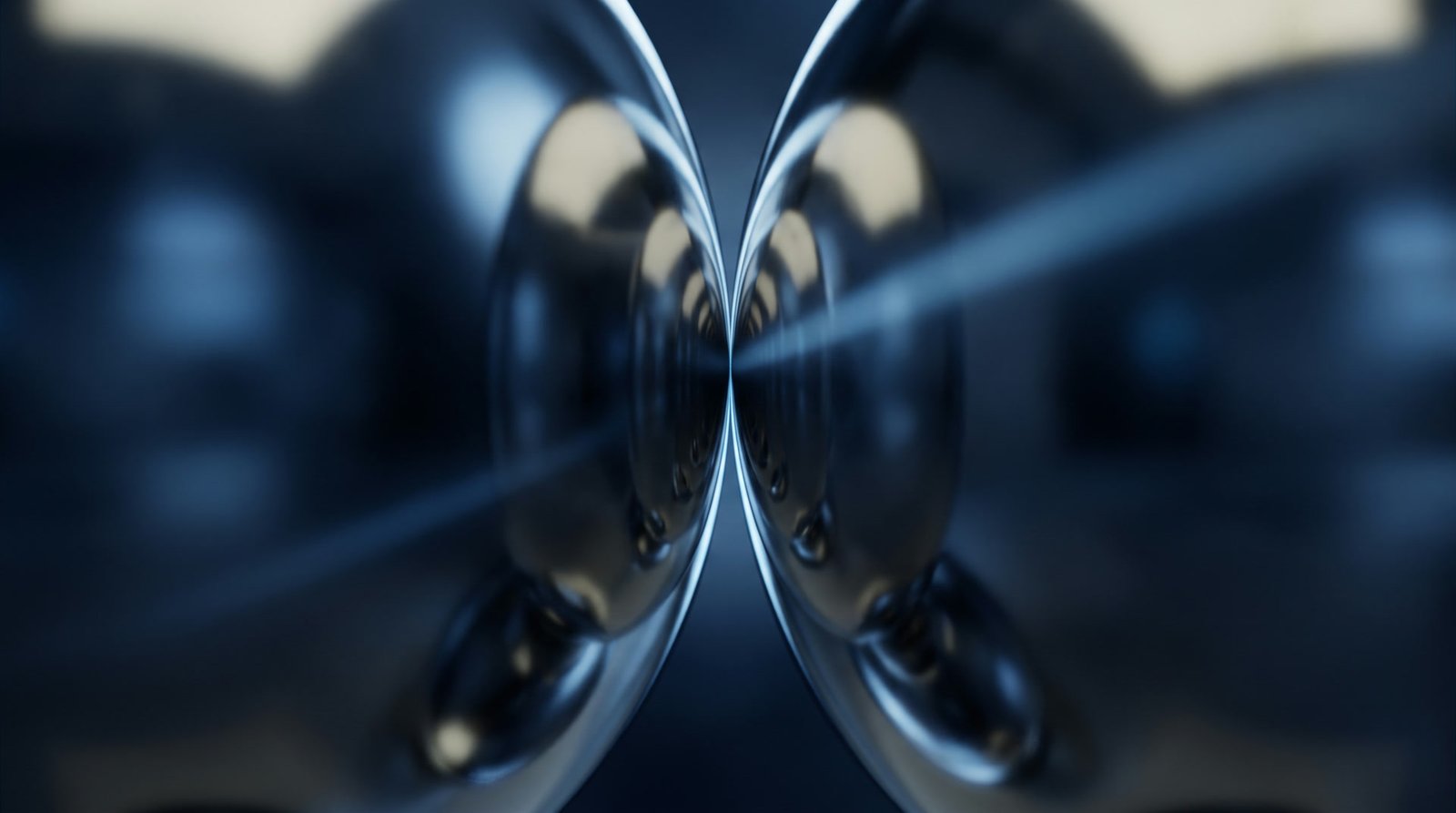 Macro close-up of two polished chrome spheres at the moment of contact